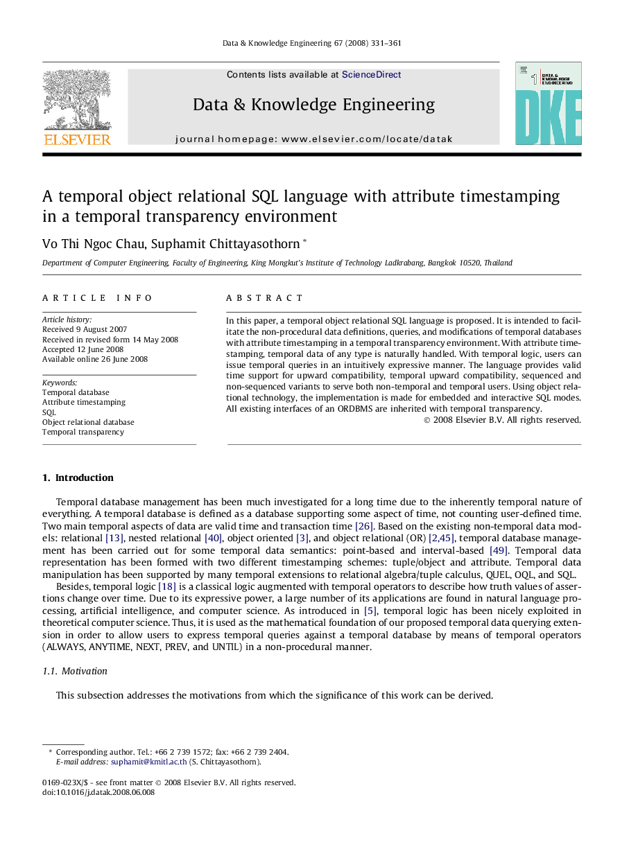 A temporal object relational SQL language with attribute timestamping in a temporal transparency environment