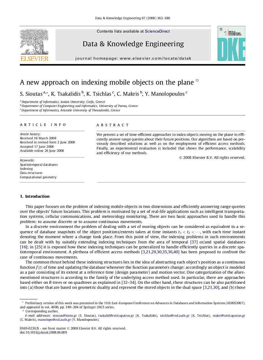 عکس صفحه اول مقاله: A new approach on indexing mobile objects on the plane A new approach on indexing mobile objects on the plane