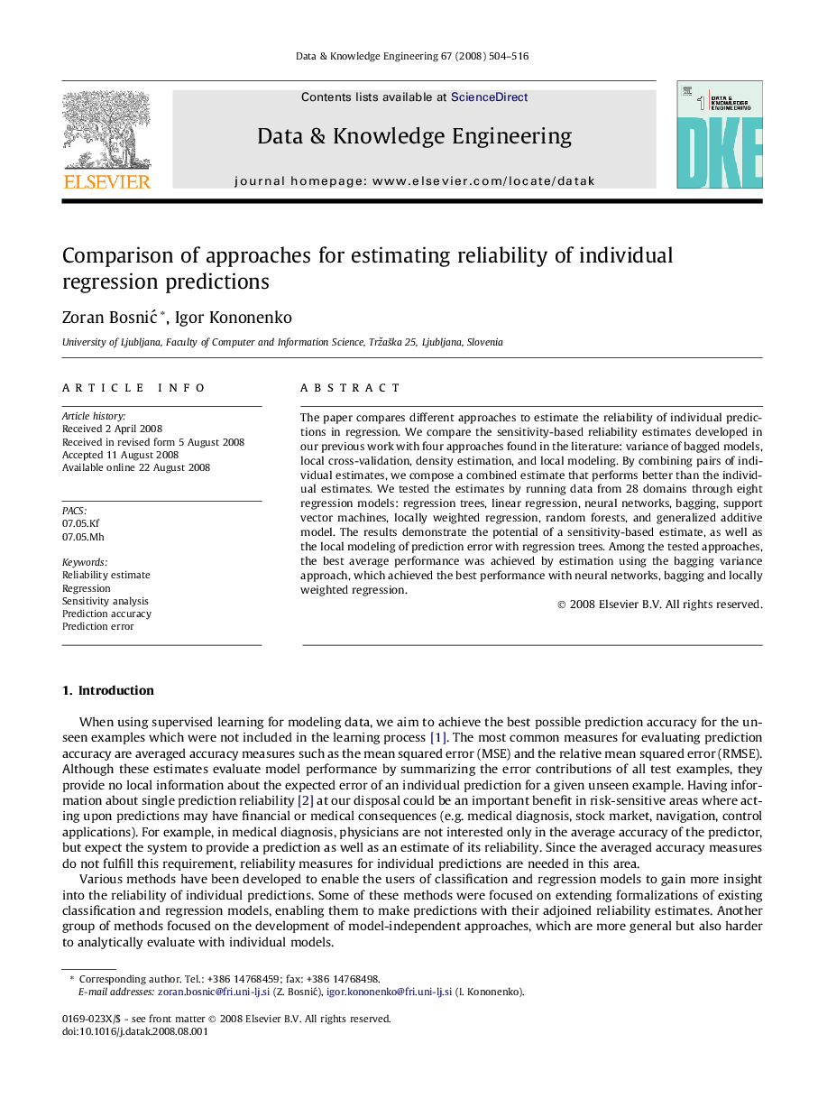 Comparison of approaches for estimating reliability of individual regression predictions