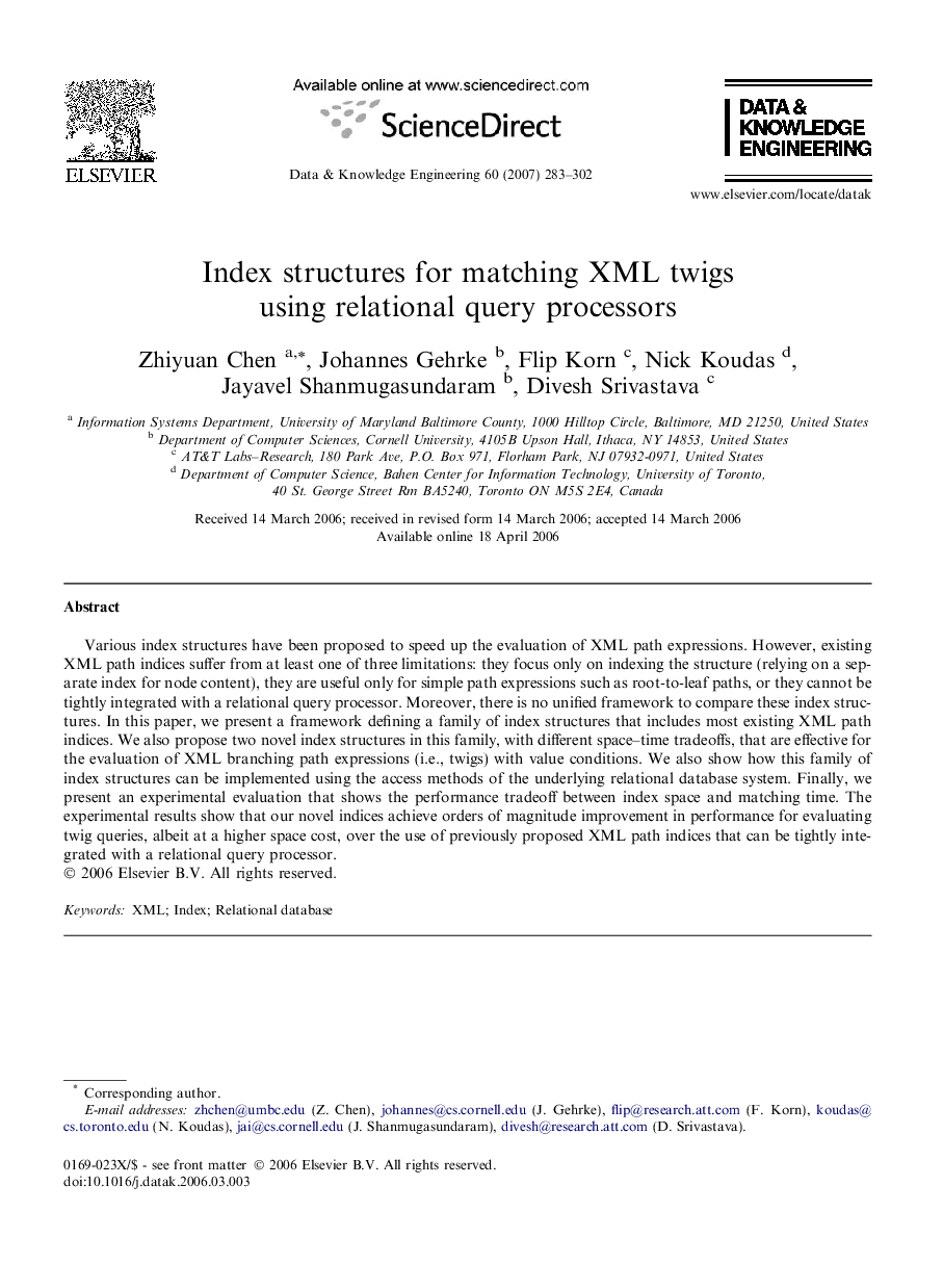 Index structures for matching XML twigs using relational query processors