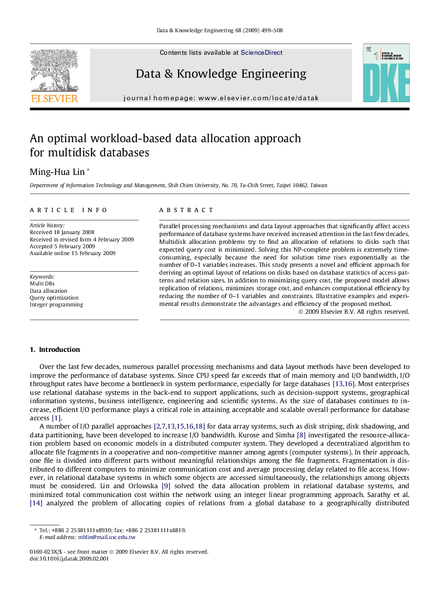 An optimal workload-based data allocation approach for multidisk databases