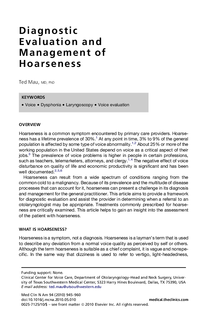 Diagnostic Evaluation and Management of Hoarseness