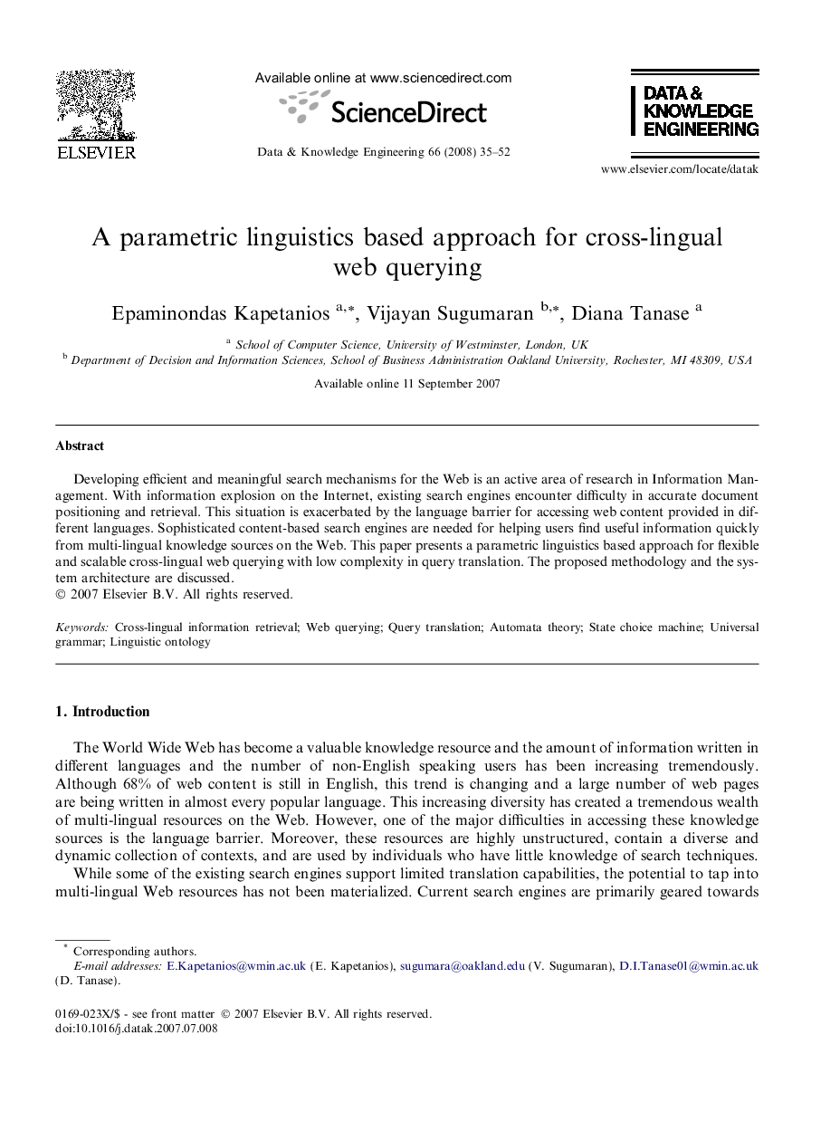 A parametric linguistics based approach for cross-lingual web querying