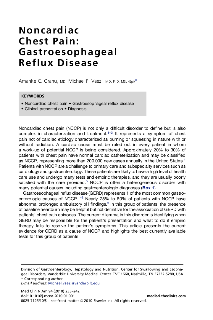 Noncardiac Chest Pain: Gastroesophageal Reflux Disease