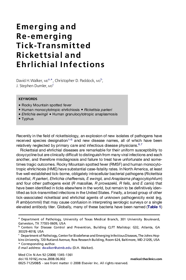 Emerging and Re-emerging Tick-Transmitted Rickettsial and Ehrlichial Infections