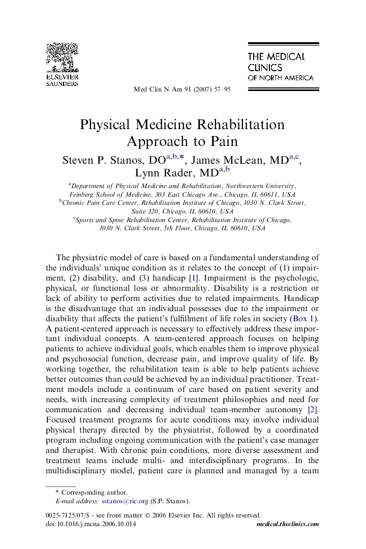 Physical Medicine Rehabilitation Approach to Pain