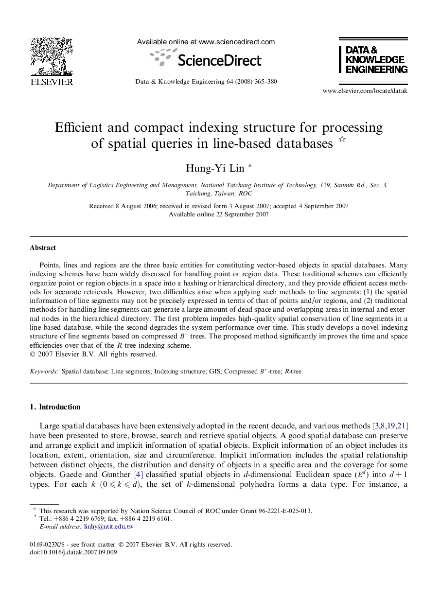 Efficient and compact indexing structure for processing of spatial queries in line-based databases 