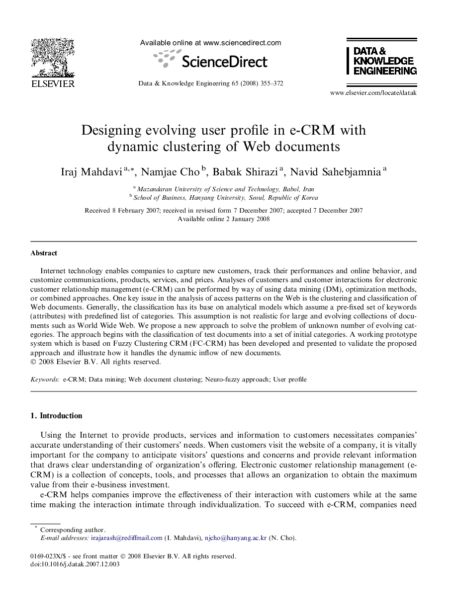 Designing evolving user profile in e-CRM with dynamic clustering of Web documents