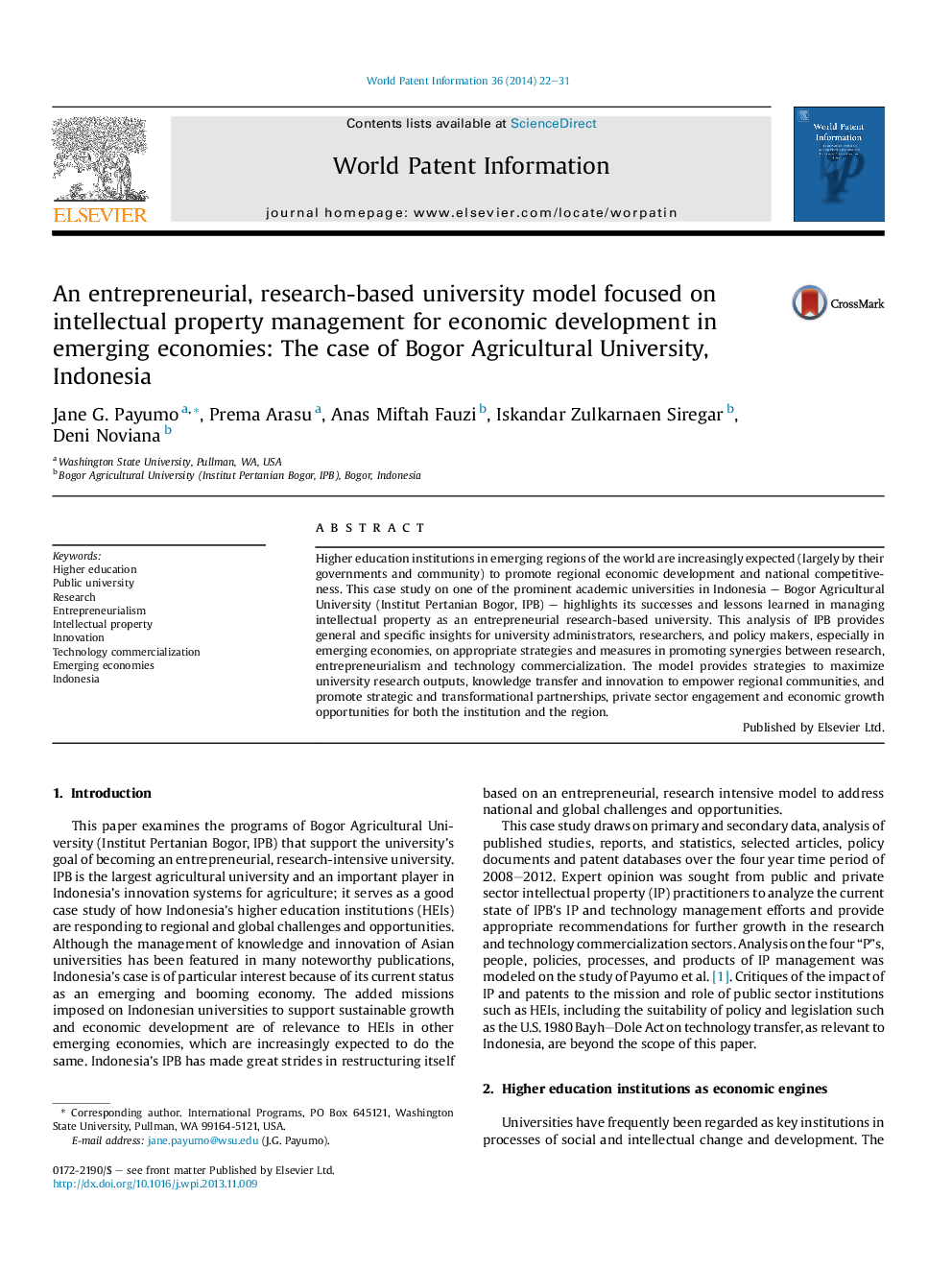 An entrepreneurial, research-based university model focused on intellectual property management for economic development in emerging economies: The case of Bogor Agricultural University, Indonesia