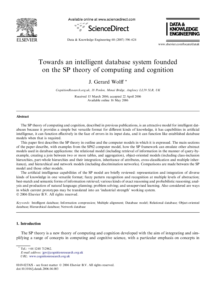 عکس صفحه اول مقاله: Towards an intelligent database system founded on the SP theory of computing and cognition Towards an intelligent database system founded on the SP theory of computing and cognition