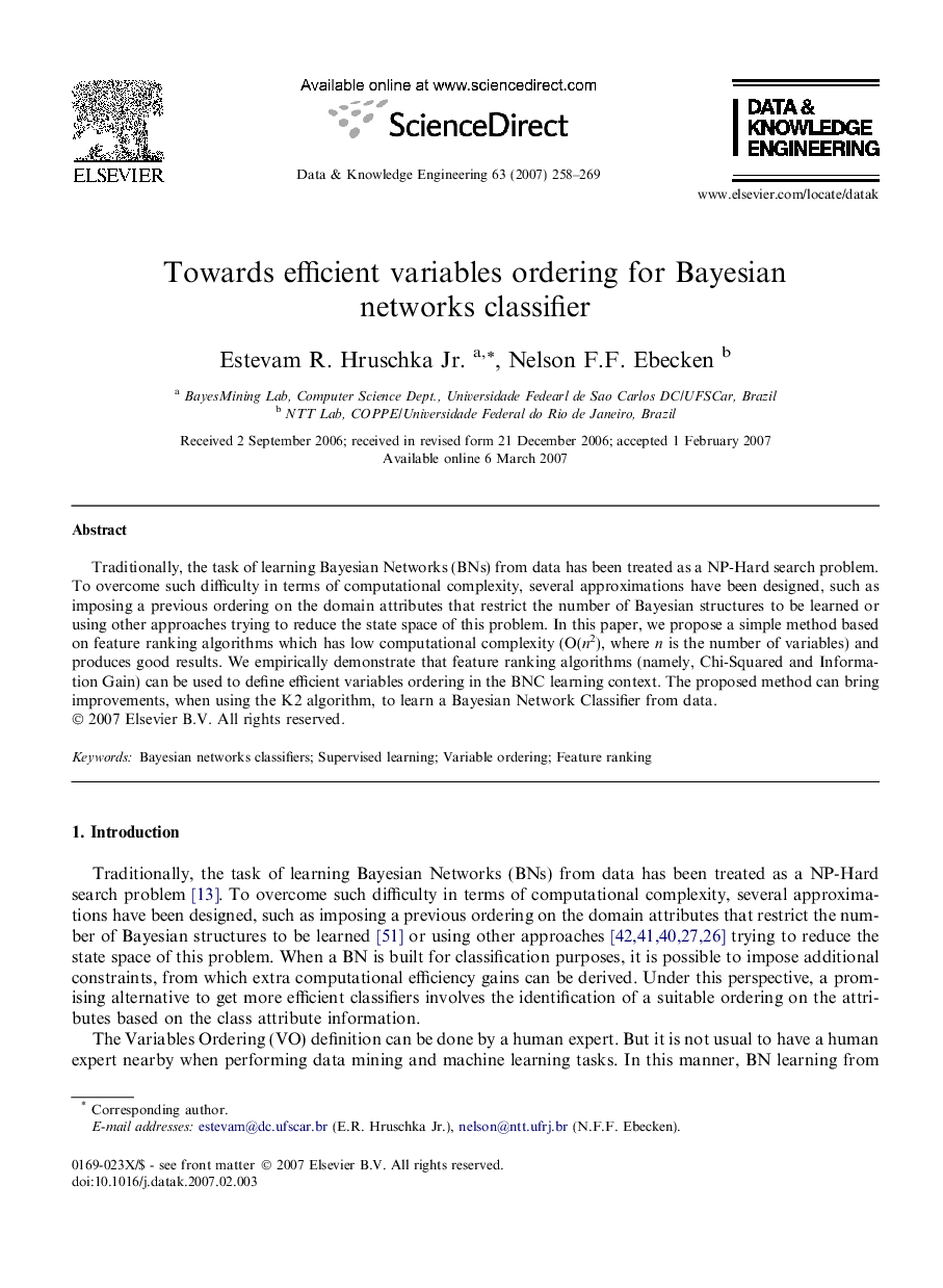 Towards efficient variables ordering for Bayesian networks classifier