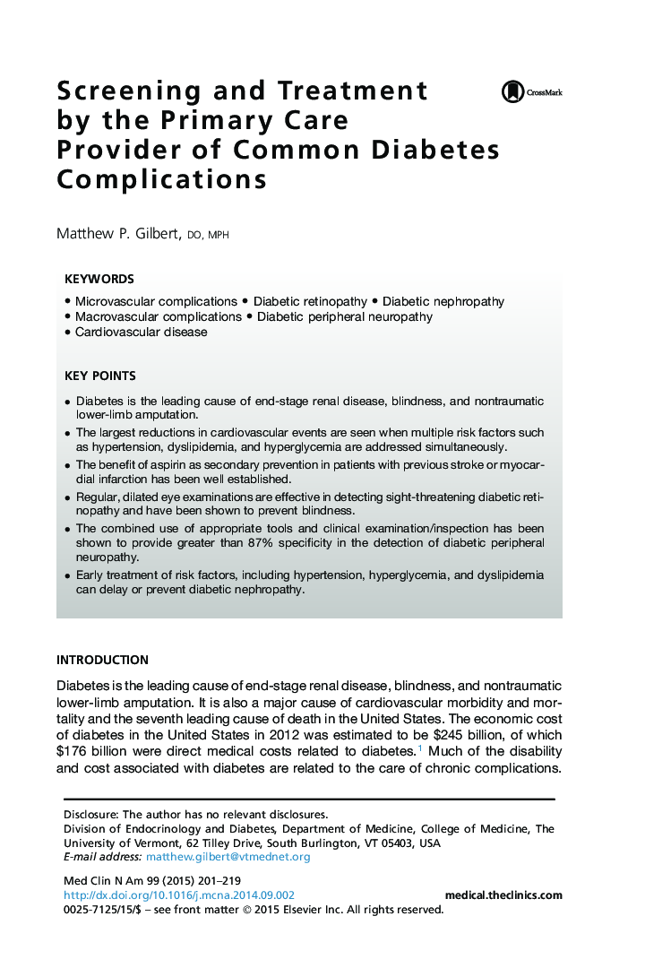 Screening and Treatment by the Primary Care Provider of Common Diabetes Complications