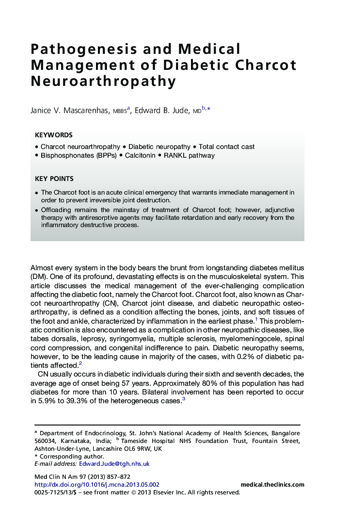 Pathogenesis and Medical Management of Diabetic Charcot Neuroarthropathy