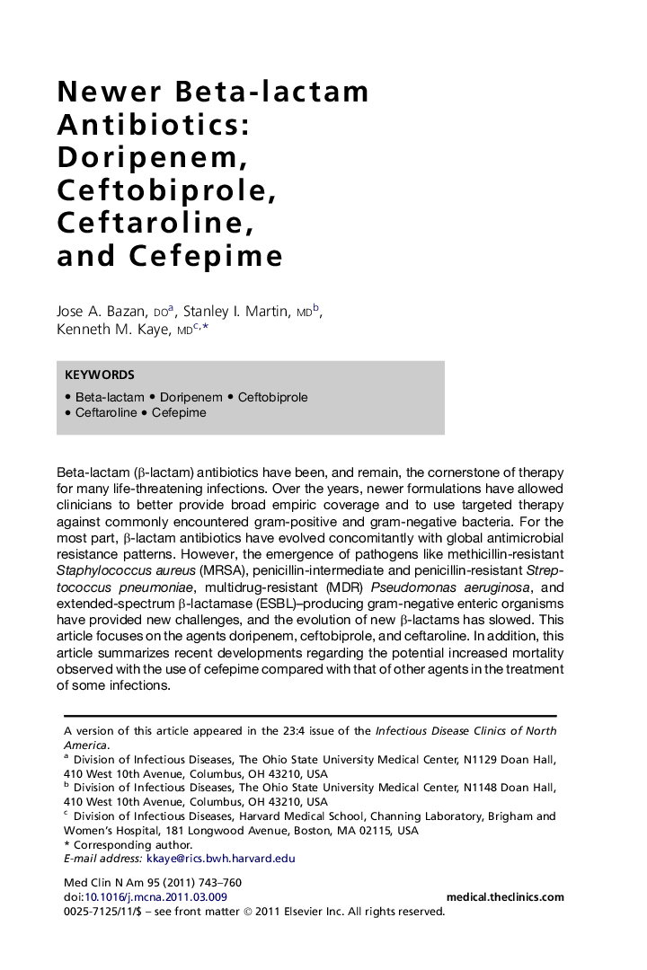 Newer Beta-lactam Antibiotics: Doripenem, Ceftobiprole, Ceftaroline, and Cefepime