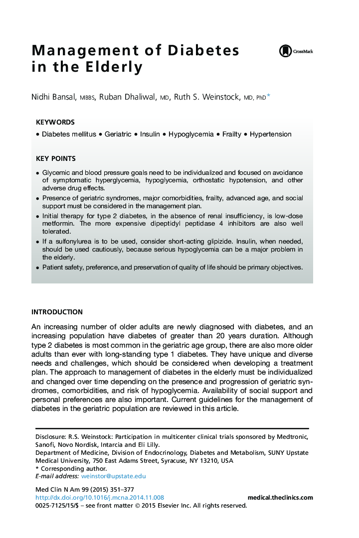 Management of Diabetes in the Elderly