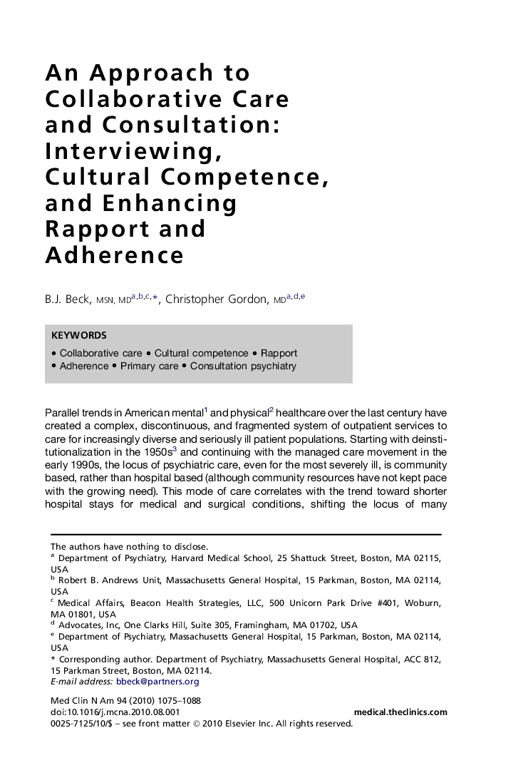An Approach to Collaborative Care and Consultation: Interviewing, Cultural Competence, and Enhancing Rapport and Adherence