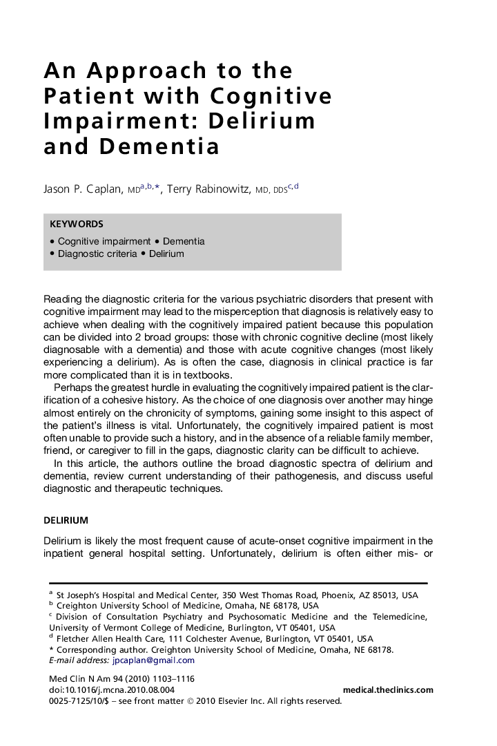 An Approach to the Patient with Cognitive Impairment: Delirium and Dementia