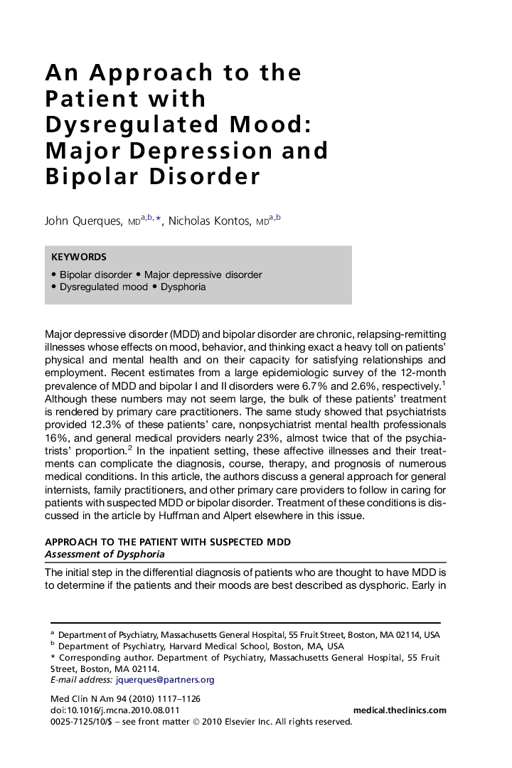 An Approach to the Patient with Dysregulated Mood: Major Depression and Bipolar Disorder