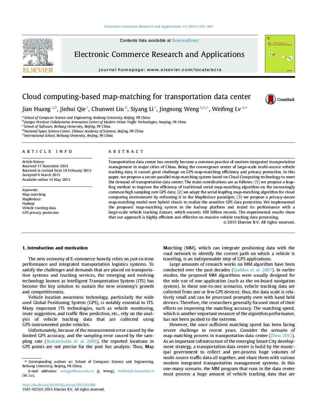 Cloud computing-based map-matching for transportation data center