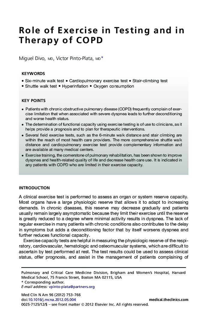 Role of Exercise in Testing and in Therapy of COPD