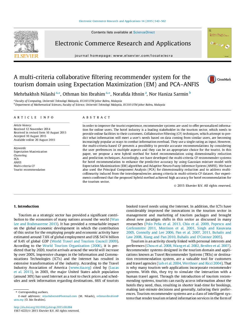 A multi-criteria collaborative filtering recommender system for the tourism domain using Expectation Maximization (EM) and PCA–ANFIS