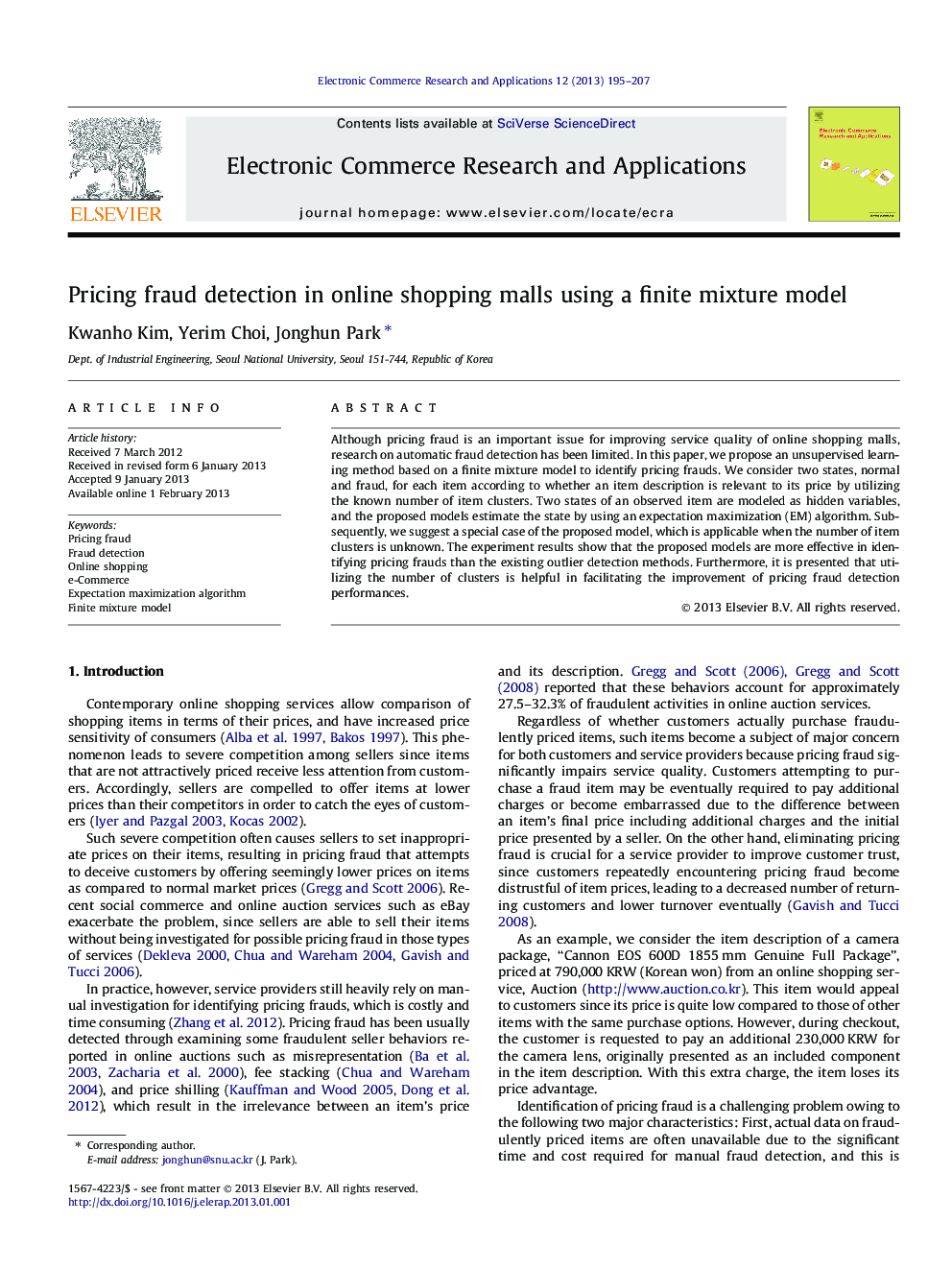 Pricing fraud detection in online shopping malls using a finite mixture model