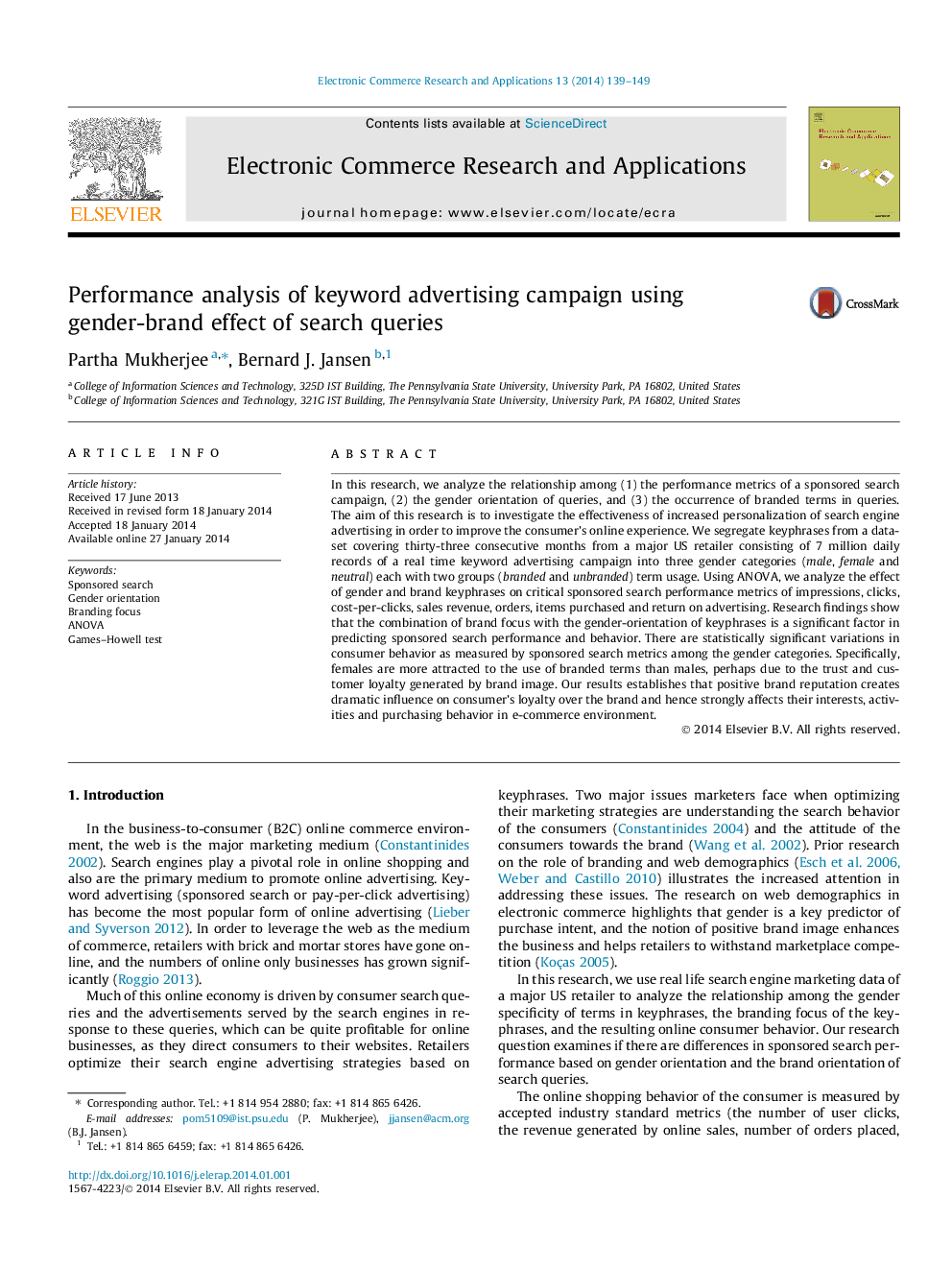 Performance analysis of keyword advertising campaign using gender-brand effect of search queries