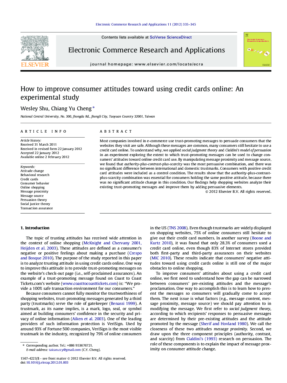 How to improve consumer attitudes toward using credit cards online: An experimental study