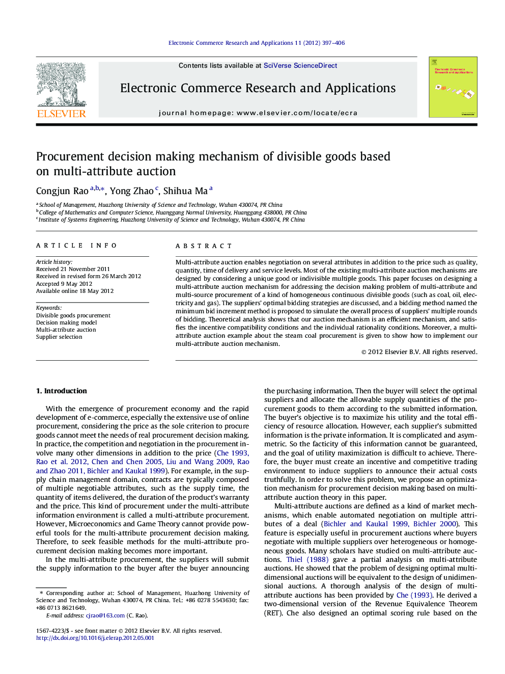 Procurement decision making mechanism of divisible goods based on multi-attribute auction