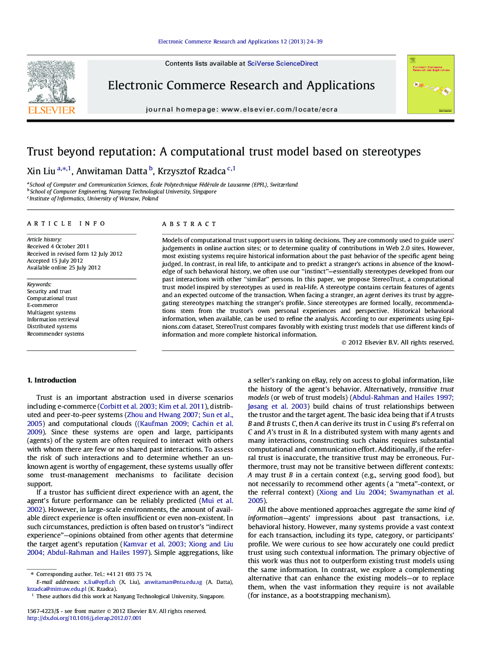 Trust beyond reputation: A computational trust model based on stereotypes