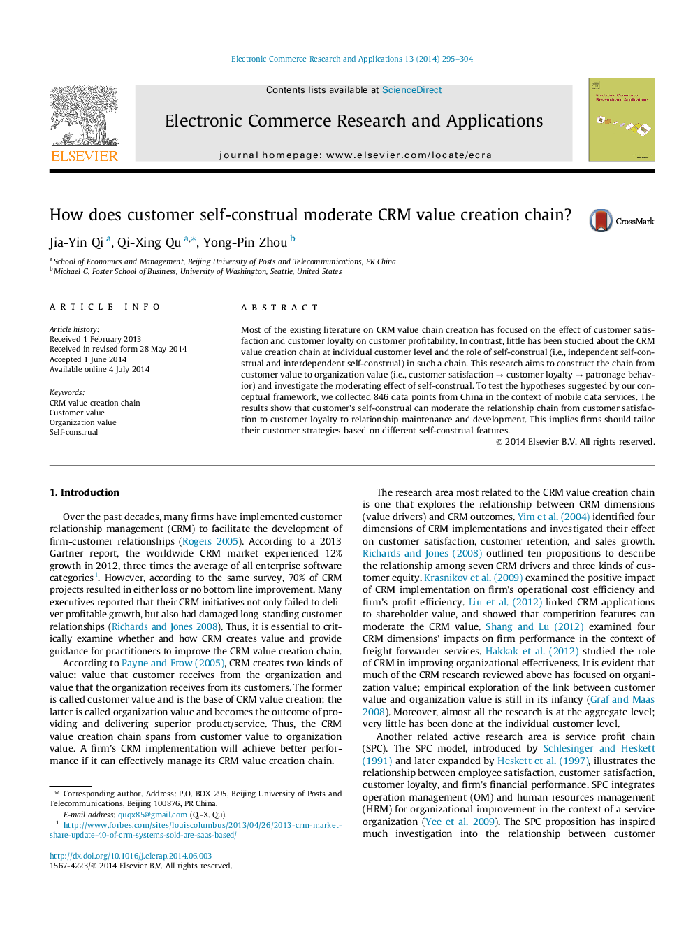 How does customer self-construal moderate CRM value creation chain?