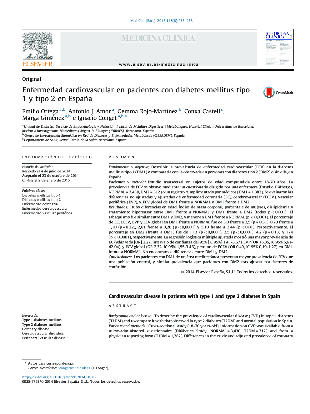 Enfermedad cardiovascular en pacientes con diabetes mellitus tipo 1 y tipo 2 en España