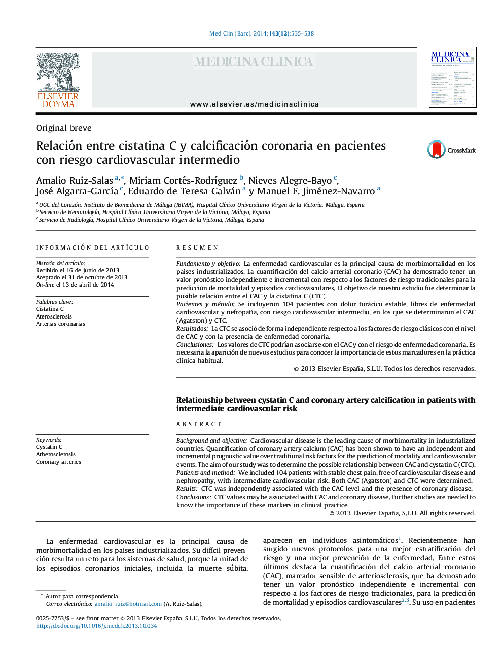 Relación entre cistatina C y calcificación coronaria en pacientes con riesgo cardiovascular intermedio