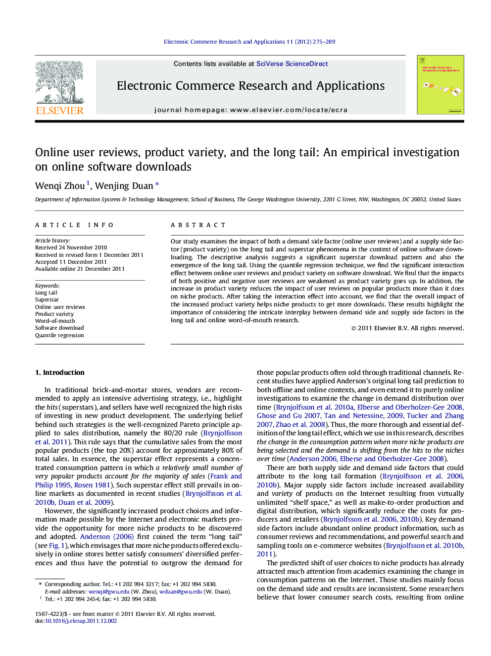 Online user reviews, product variety, and the long tail: An empirical investigation on online software downloads