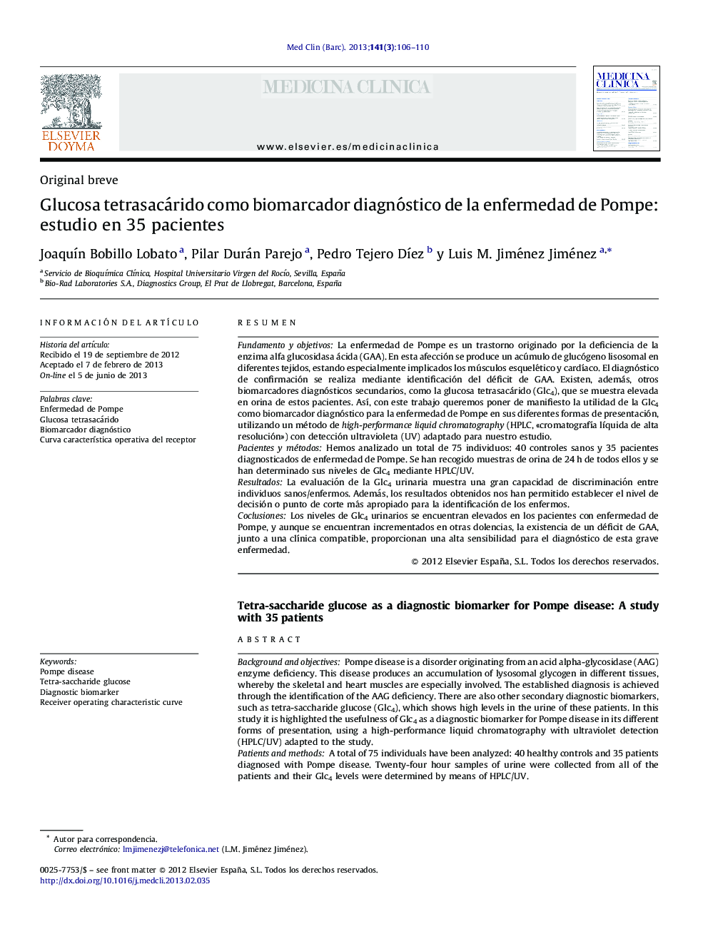 Glucosa tetrasacárido como biomarcador diagnóstico de la enfermedad de Pompe: estudio en 35 pacientes