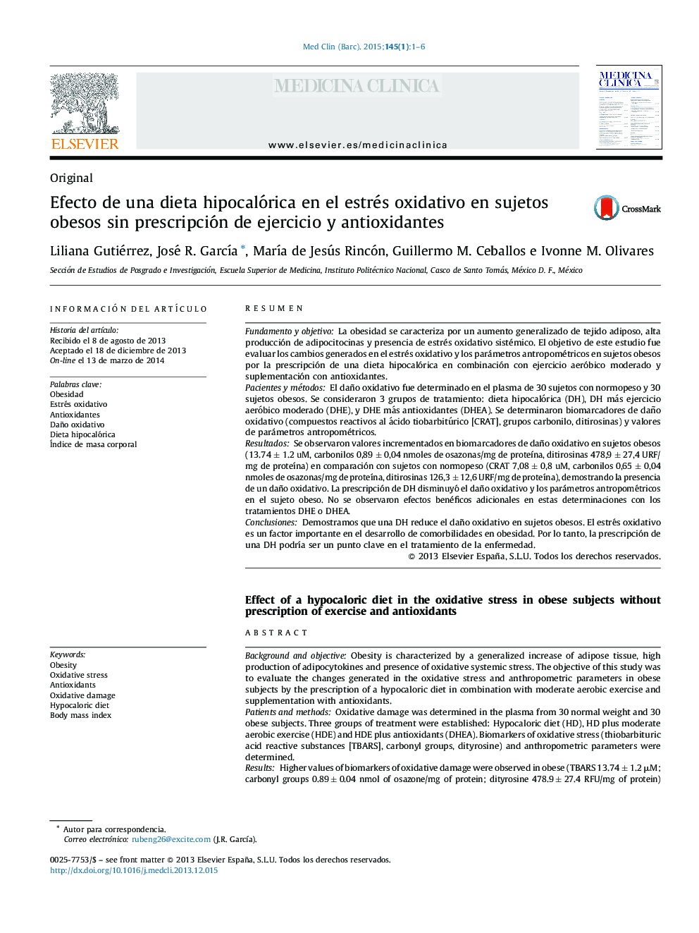 Efecto de una dieta hipocalórica en el estrés oxidativo en sujetos obesos sin prescripción de ejercicio y antioxidantes