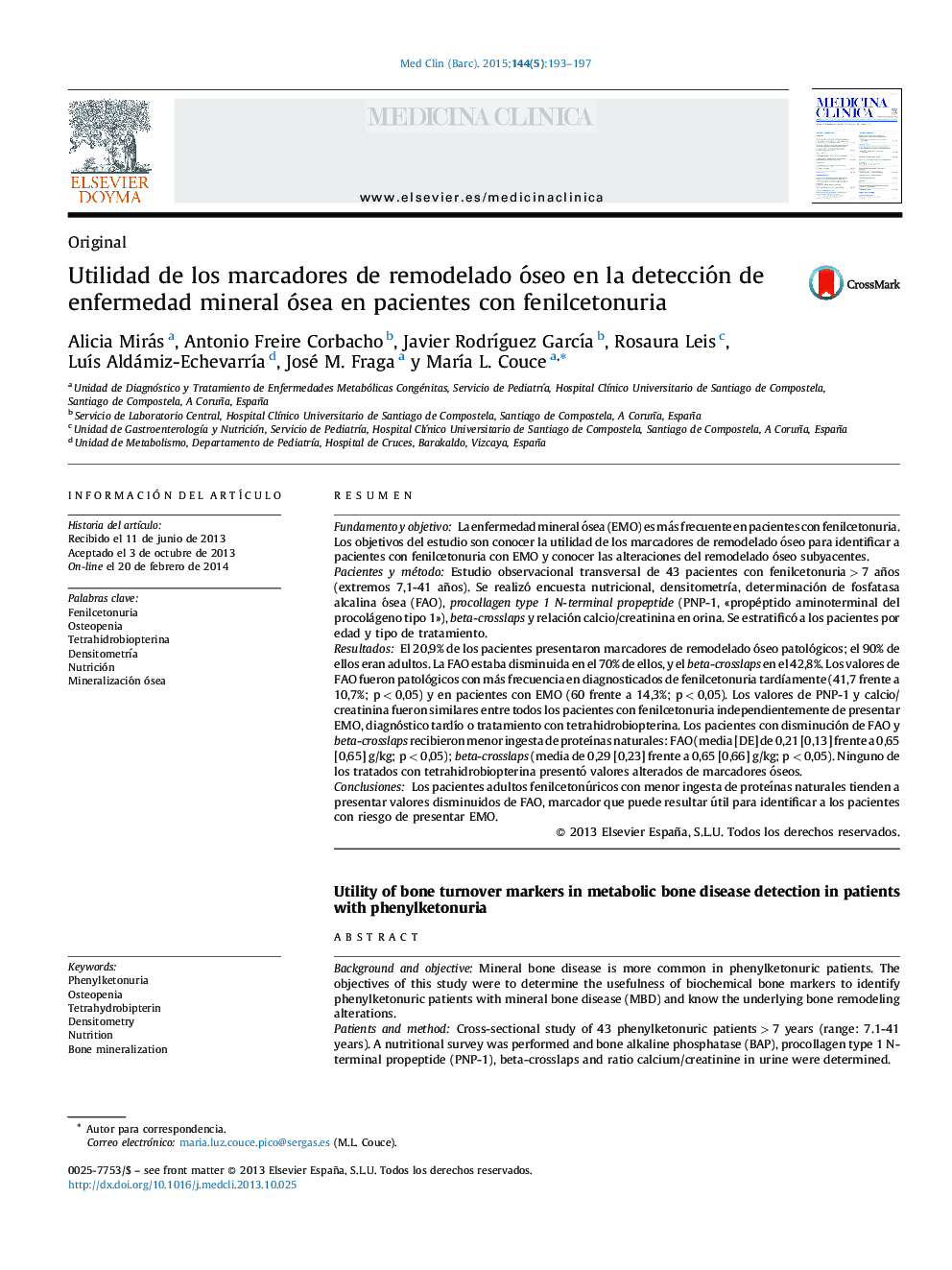 Utilidad de los marcadores de remodelado óseo en la detección de enfermedad mineral ósea en pacientes con fenilcetonuria