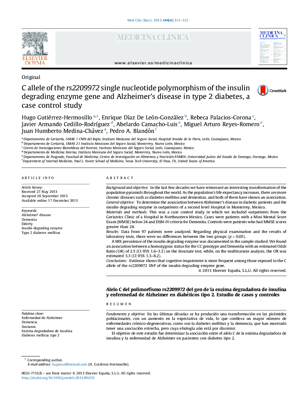 C allele of the rs2209972 single nucleotide polymorphism of the insulin degrading enzyme gene and Alzheimer's disease in type 2 diabetes, a case control study