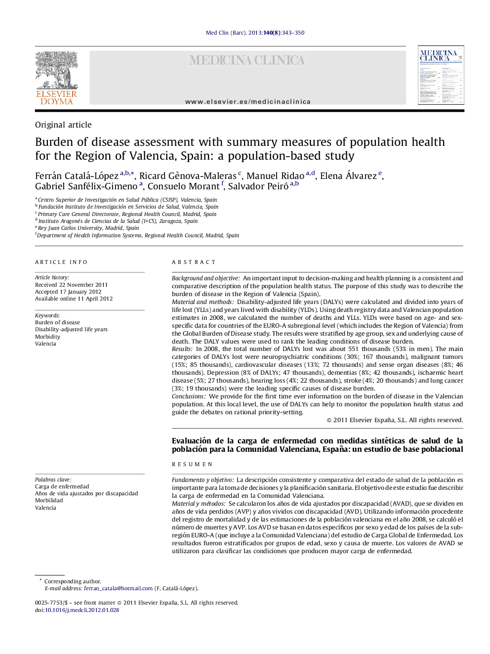 Burden of disease assessment with summary measures of population health for the Region of Valencia, Spain: a population-based study