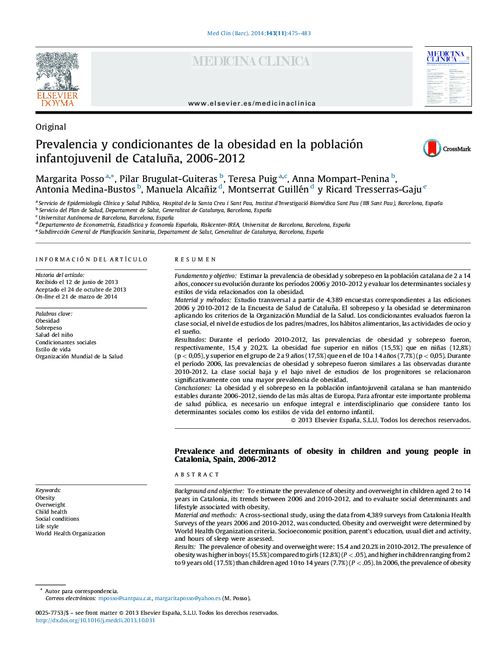 Prevalencia y condicionantes de la obesidad en la población infantojuvenil de Cataluña, 2006-2012