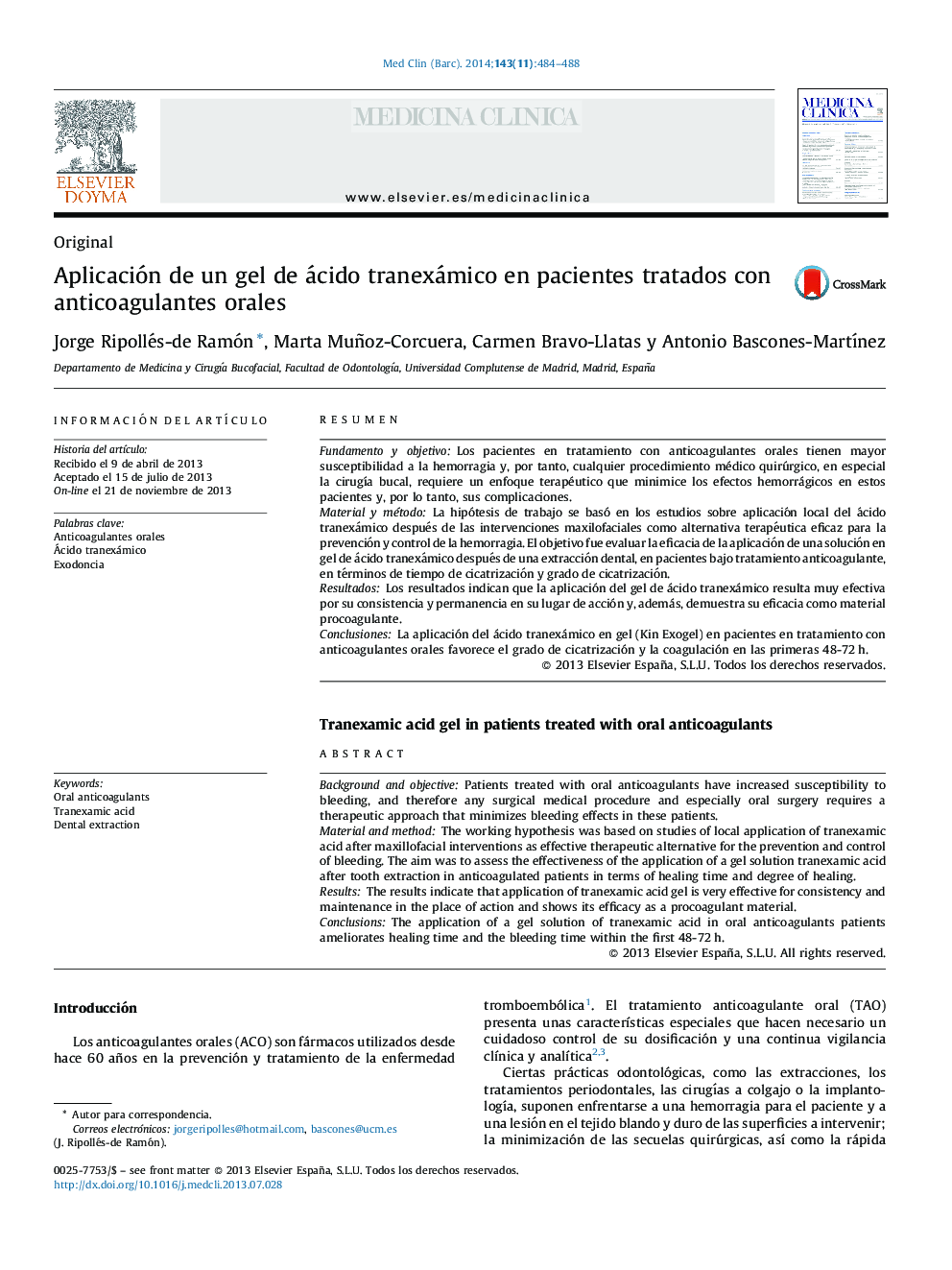 Aplicación de un gel de ácido tranexámico en pacientes tratados con anticoagulantes orales