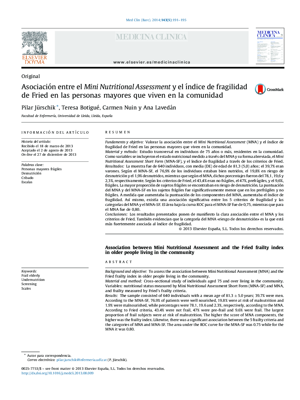 Asociación entre el Mini Nutritional Assessment y el índice de fragilidad de Fried en las personas mayores que viven en la comunidad