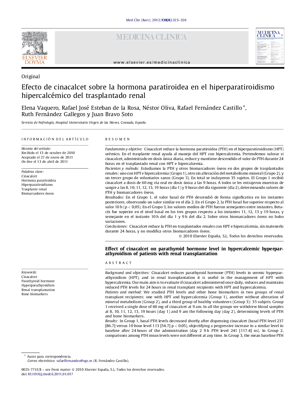 Efecto de cinacalcet sobre la hormona paratiroidea en el hiperparatiroidismo hipercalcémico del trasplantado renal