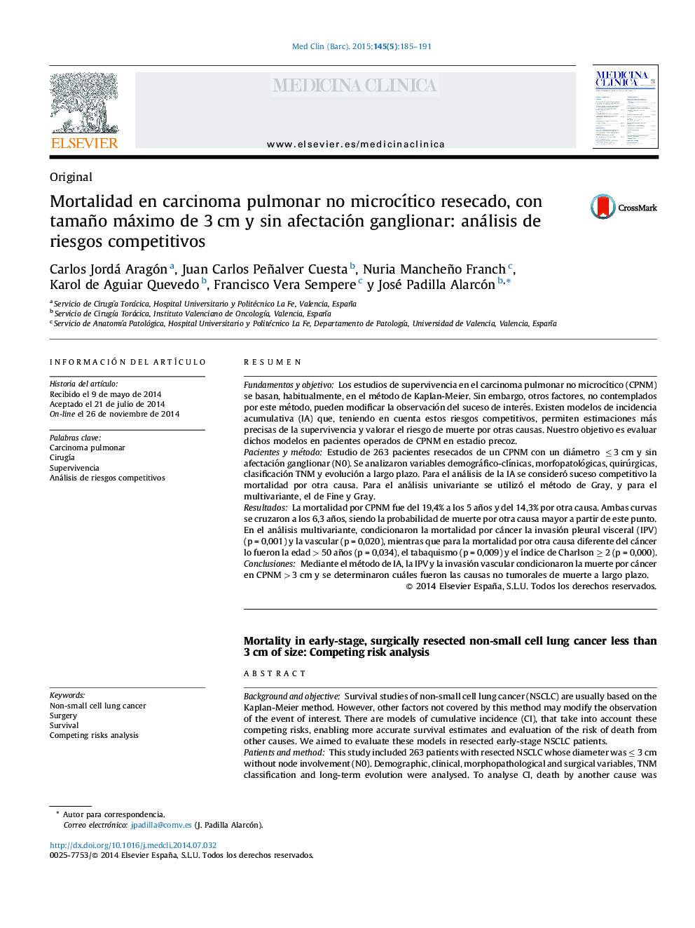 Mortalidad en carcinoma pulmonar no microcítico resecado, con tamaño máximo de 3 cm y sin afectación ganglionar: análisis de riesgos competitivos