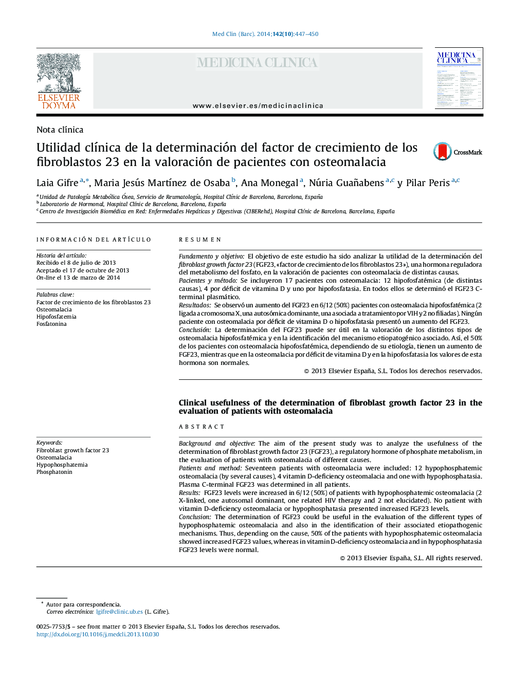 Utilidad clínica de la determinación del factor de crecimiento de los fibroblastos 23 en la valoración de pacientes con osteomalacia