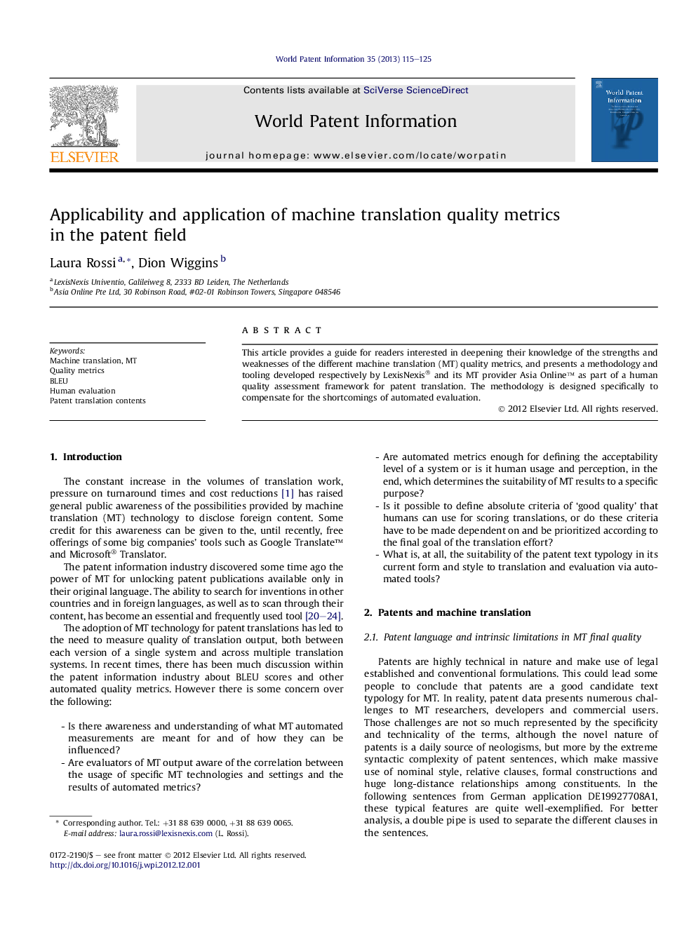 Applicability and application of machine translation quality metrics in the patent field