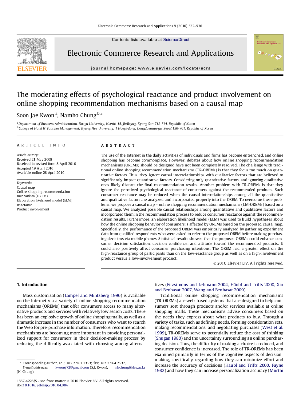 The moderating effects of psychological reactance and product involvement on online shopping recommendation mechanisms based on a causal map