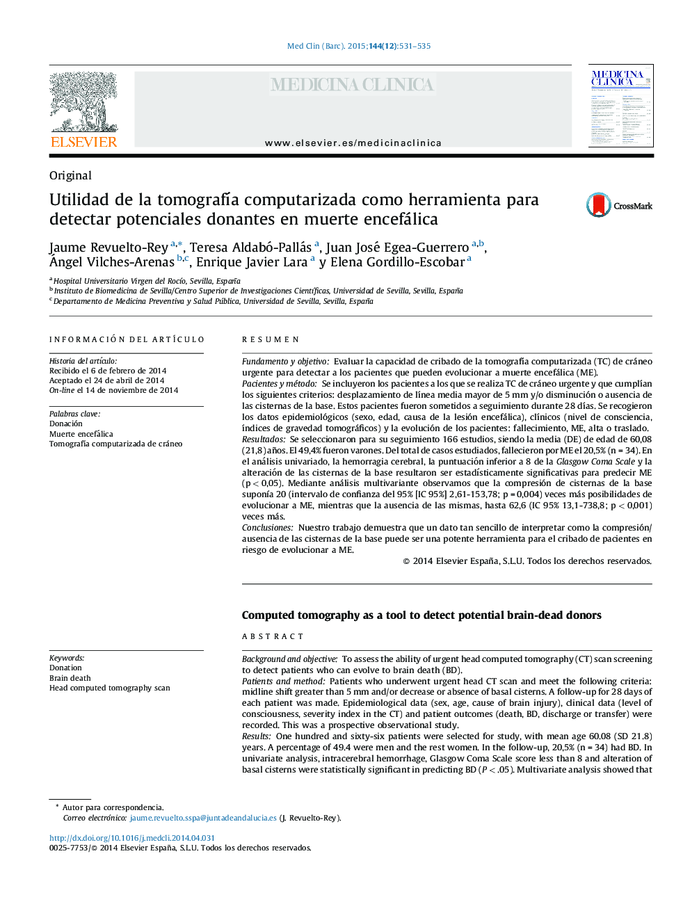 Utilidad de la tomografÃ­a computarizada como herramienta para detectar potenciales donantes en muerte encefálica