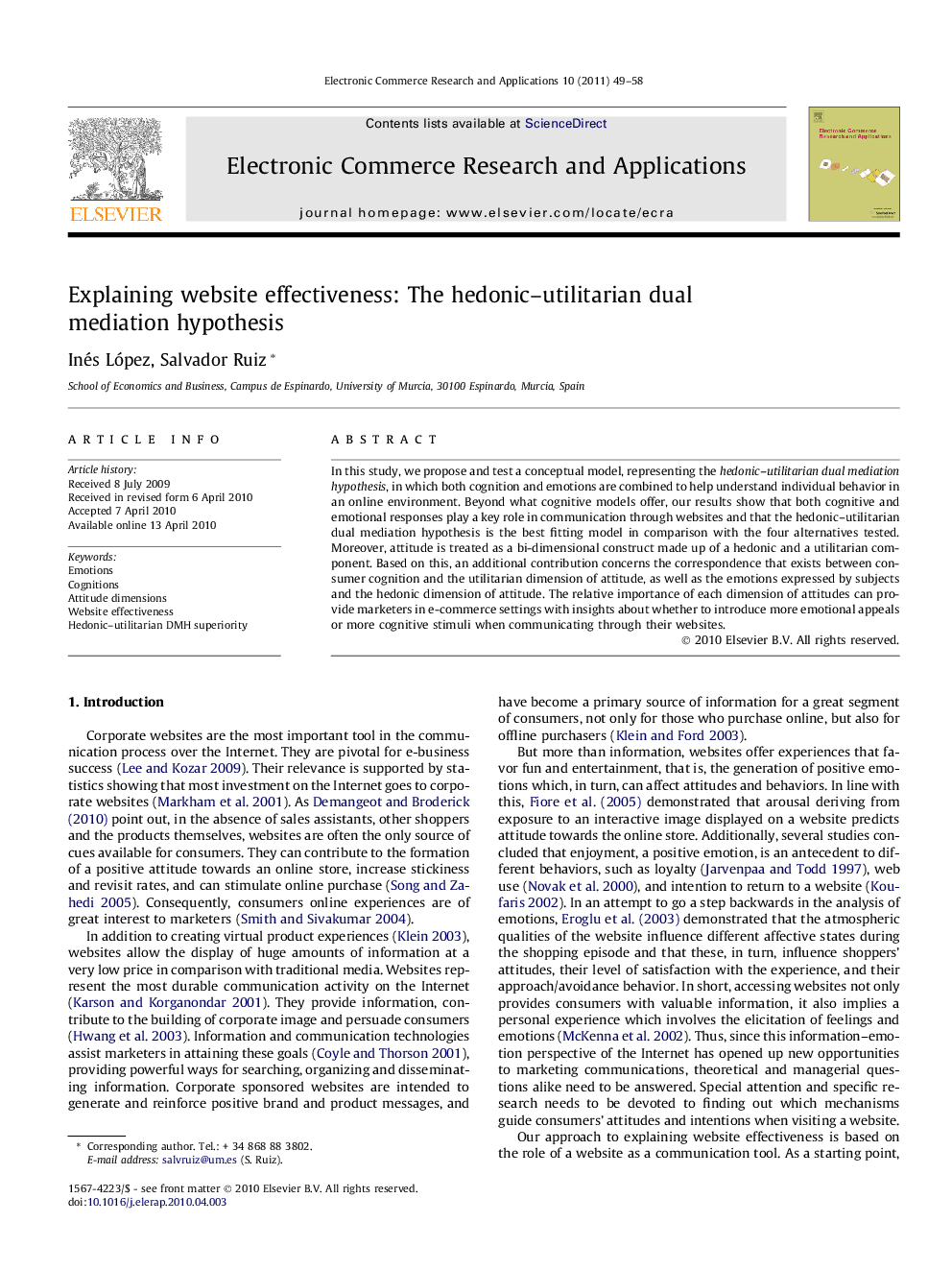 Explaining website effectiveness: The hedonic–utilitarian dual mediation hypothesis