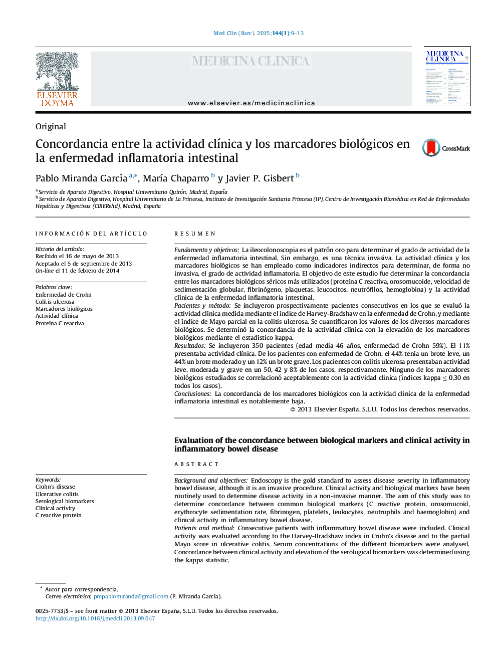 Concordancia entre la actividad clÃ­nica y los marcadores biológicos en la enfermedad inflamatoria intestinal